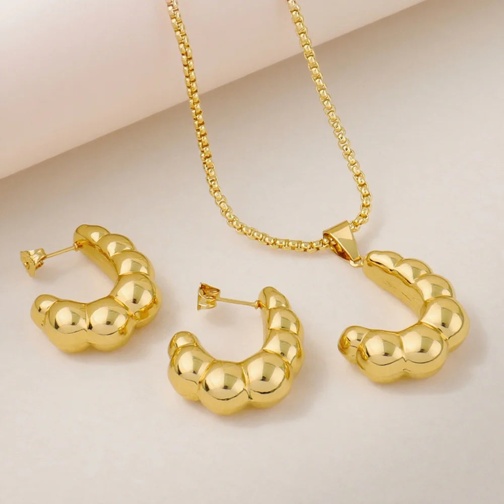 Stainless steel earrings necklace woman 24K Gold-plated Two Piece Copper Jewelry Set india dubai wedding jewelry gift