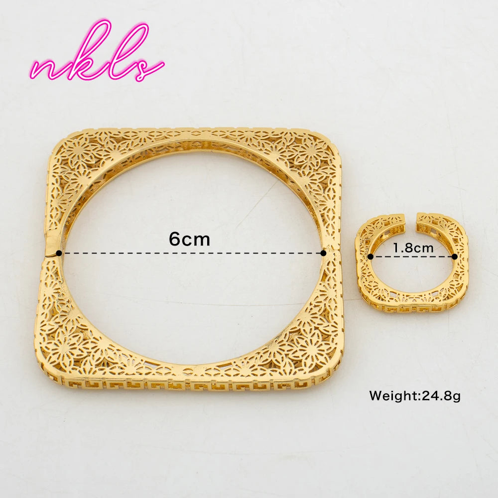 Plated Bangles with Rings 2Pcs Jewelry Set for Women Dubai Copper Bracelets African Charm Luxury Wedding Banquet Gifts
