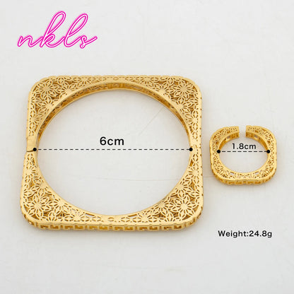 Plated Bangles with Rings 2Pcs Jewelry Set for Women Dubai Copper Bracelets African Charm Luxury Wedding Banquet Gifts