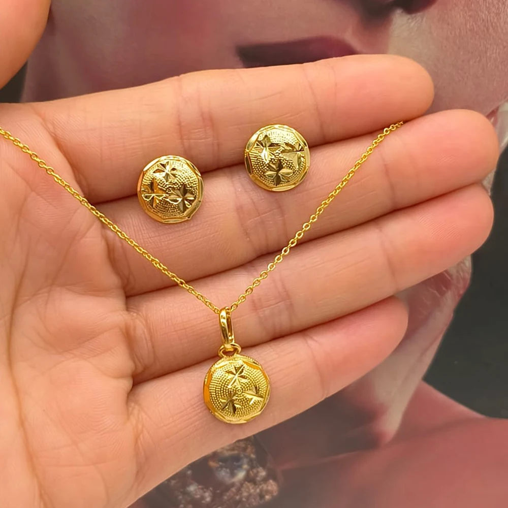 Ethiopian Gold Color Jewelry Set for Party Stud Earrings and Pendant Necklace Copper Alloy Jewelry Set for Anniversary Party