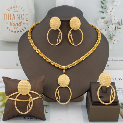 Simple Fashion Gold Color Earrings Necklace Bracelet Ring 8 Shape Hollow Design Copper Dubai African Jewelry Set Daily Wear Gift