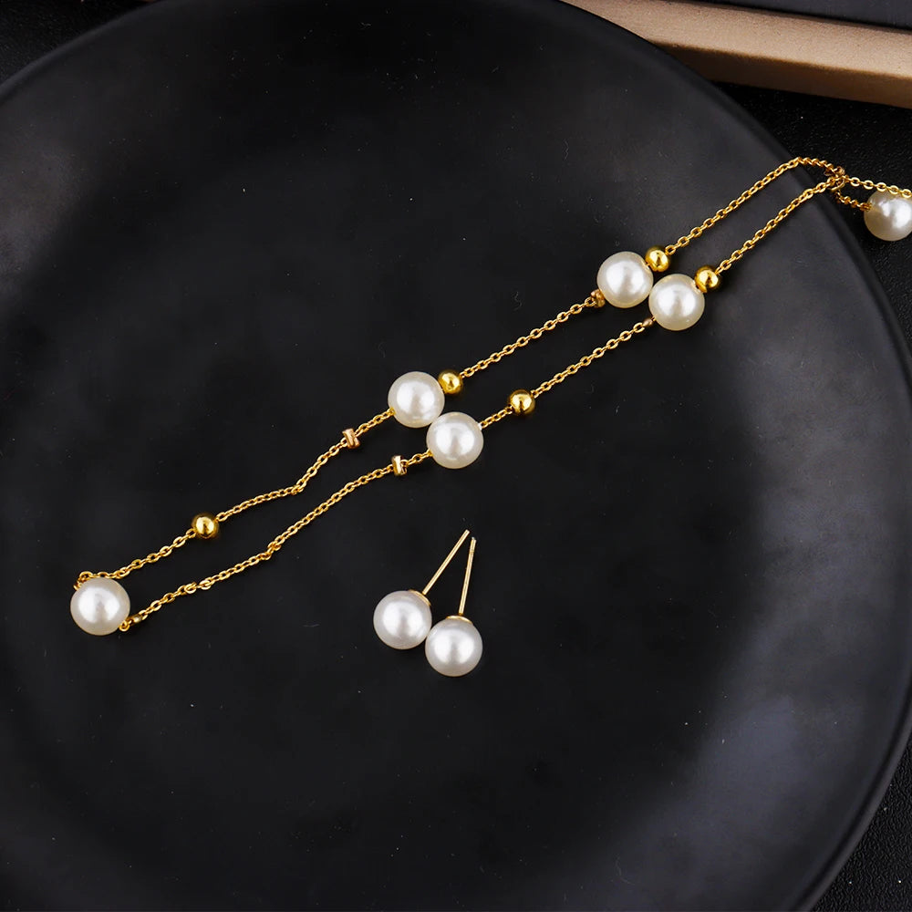 Women Simple Pearl Beads Exquisite Earrings Necklace Gold Color Thin Chain France Gentle Minimalist Daily Wedding Jewelry Set