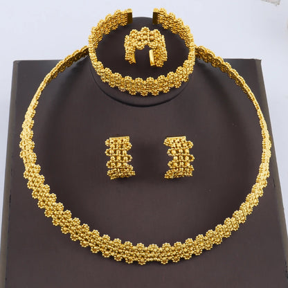 Luxury 24K Gold Plated Jeweler Necklace Bracelet Ring Earrings Set for Women Bride Charms Jewelry Set Gift for Party Wedding