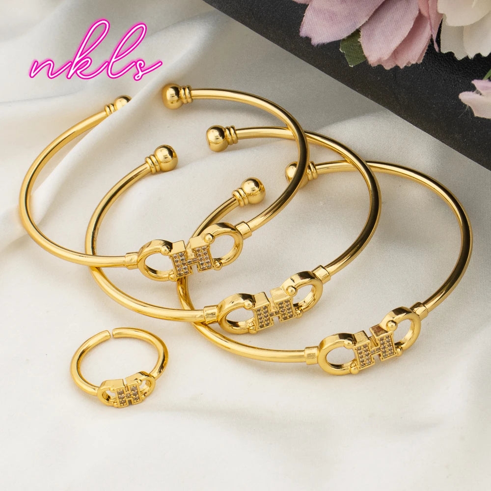 Trendy Stainless Steel Bangle with Ring Set for Ladies Women's Bracelet Pattern Design Light Luxury Gold Color Metal Bangle