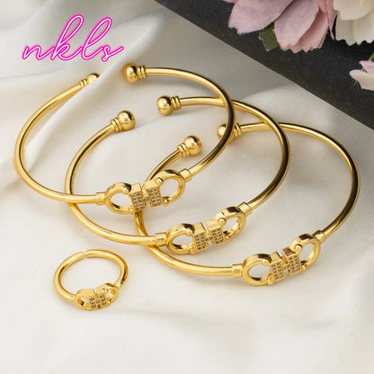 Trendy Stainless Steel Bangle with Ring Set for Ladies Women's Bracelet Pattern Design Light Luxury Gold Color Metal Bangle