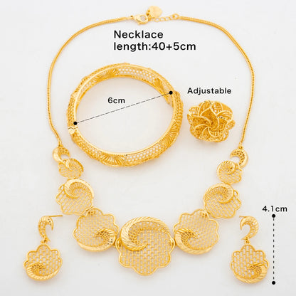 Dubai Gold Color Jewelry Set for Women Flower Design Necklace and Earrings with Bangle Ring 4Pcs Set for Brazilian Accessories