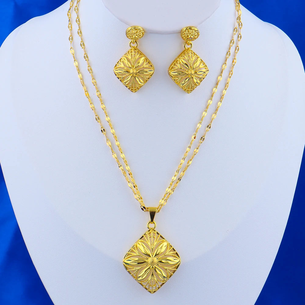 24K Gold Color Jewelry Fashion Necklace Earrings Set High Quality Luxury Jewelry Dubai India Africa Gift Accessories