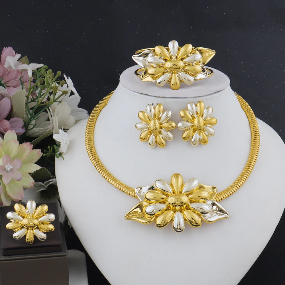 Dubai  Plated Vintage Flower Jewelry Set for Women—Necklace, Earring, Ring & Bracelet in One Elegant jewellery woman gi