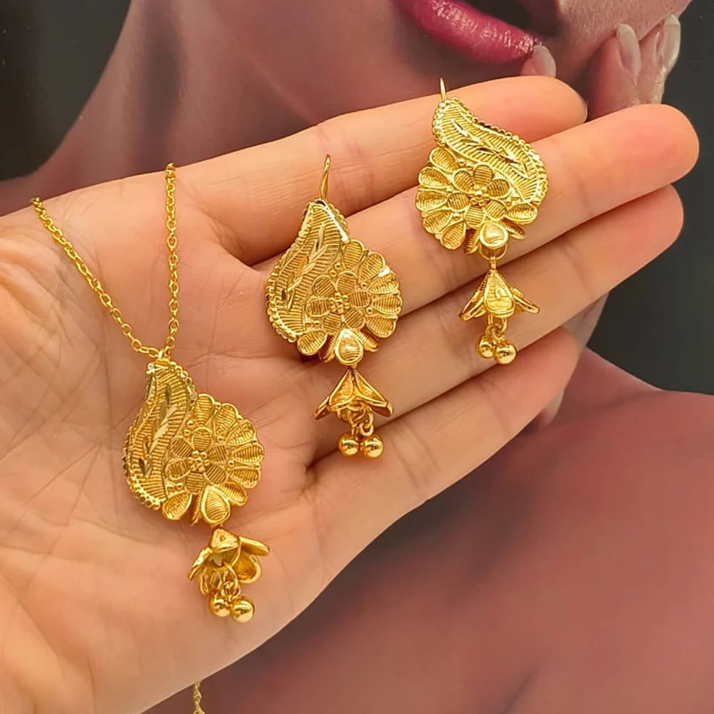 18K Gold African Hollow-Out Drop Earring Set & Necklace – 2Pcs Jewelry Set for Women, Elegant Engagement Party Gift