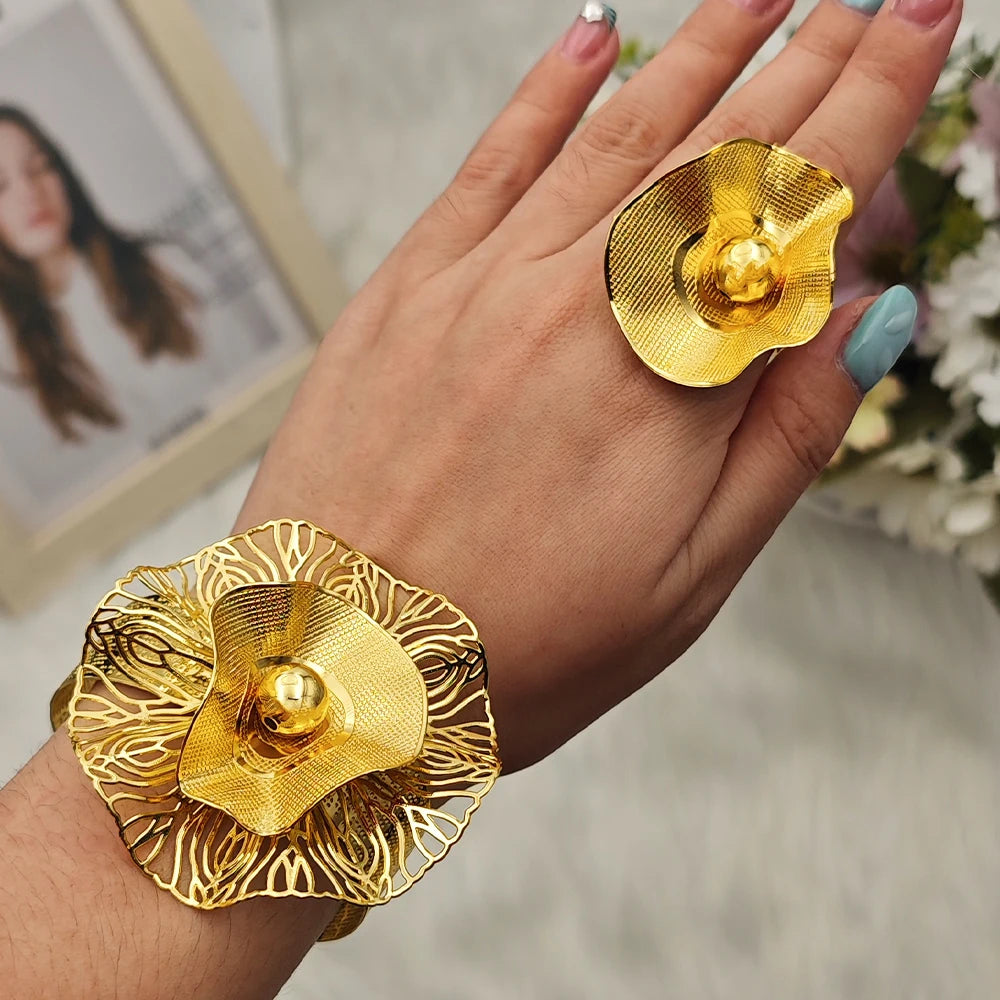 African-Inspired Gold-Tone Cuff Bangle & Ring Set for Women, Minimalist Luxury Daily Wear Jewelry Gift, Ethnic Chic Style