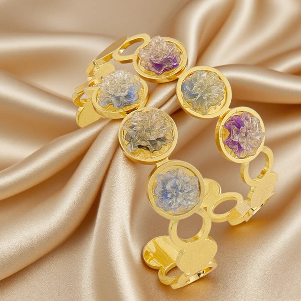New Stylish Round Cuff Bangle Gold Plated Cubic Zirconia Floral design Charm Bracelet Party Women Men Gifts Jewelry