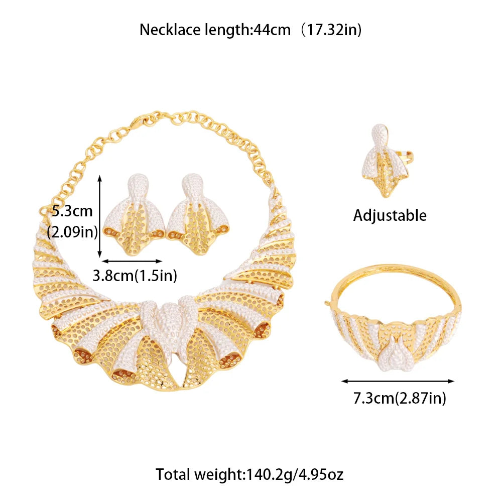 Dubai Mermaid Tail 4Pcs Jewelry Set, Hollow Earrings & Necklace Bangle Ring for Women, Luxury Africa Wedding Party Gift