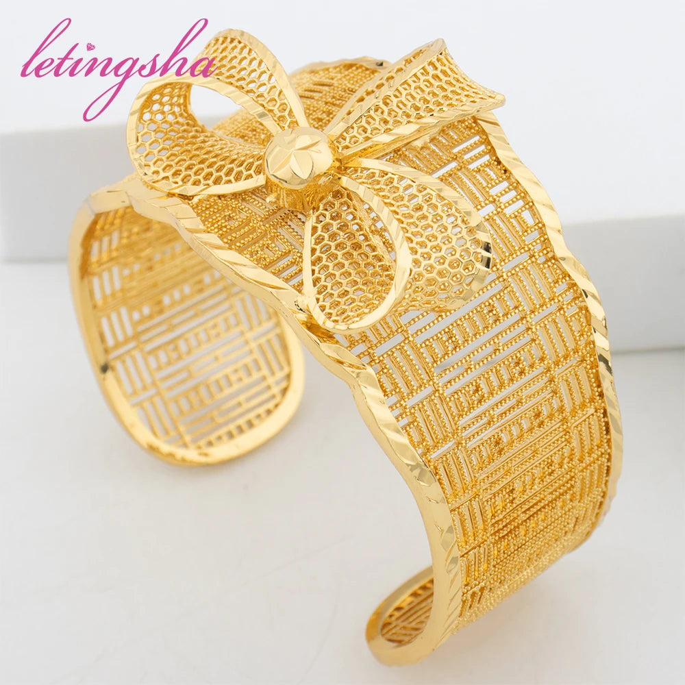 Dubai Fashion Flower Cuff Bangle with Ring Set Indian Bride Gold Color Jewelry Bracelet Ring Wedding Party Gift Luxury Jewellery