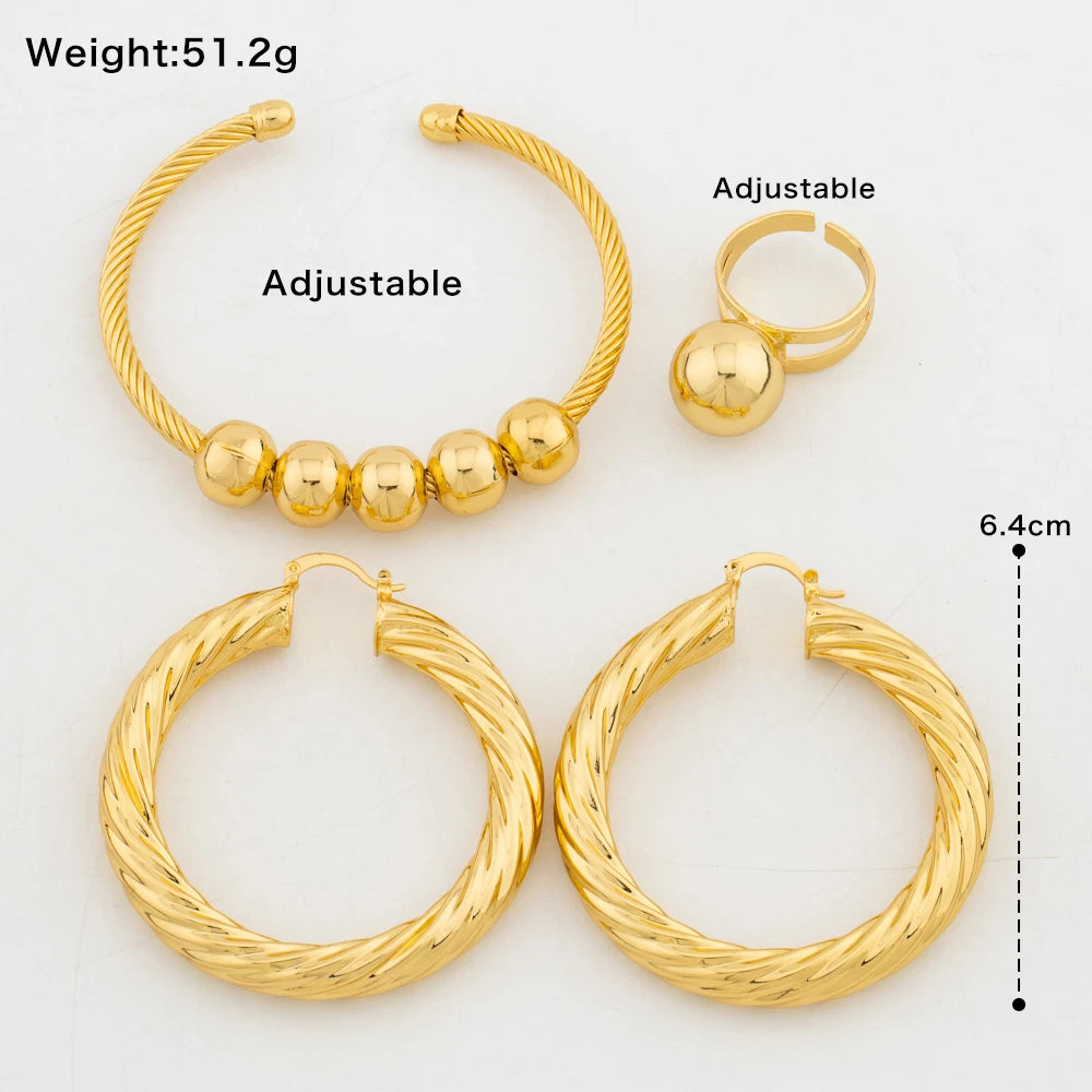 African Gold Plated Jewelry Set Daily Wear Hoop Earring and Bangle Ring Set for Weddings Bride New Design Earrings Bracelet Ring