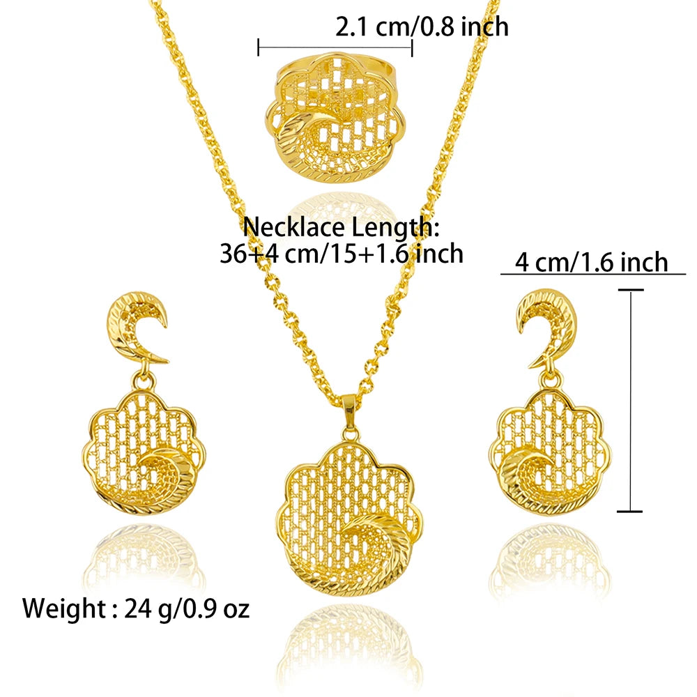 Dubai Round Necklace Ring And Earrings Set For Women Wedding Gold Color Hollow Pendant African Jewelry Bridal Party Gift
