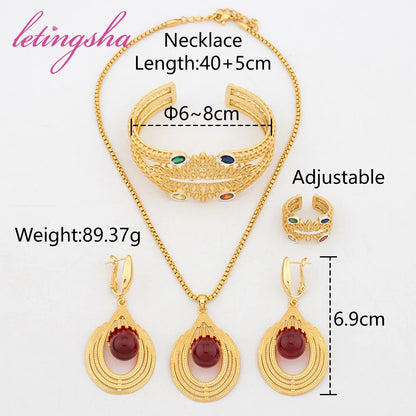 Luxury Copper Necklace Earrings Bangle Ring Set Nigerian Gold Plated Jewelry Set Fashion Bride Wedding Trendy Dubai Jewellery