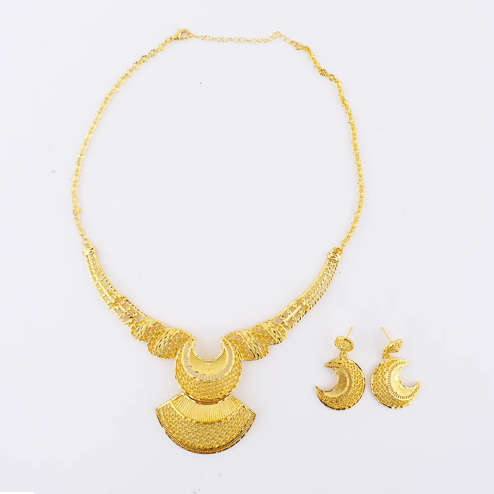 Elegant Gold-Tone Necklace & Drop Earring Set for Women, Dubai Bridal Wedding Jewelry, African Luxury Party Gift Accessory