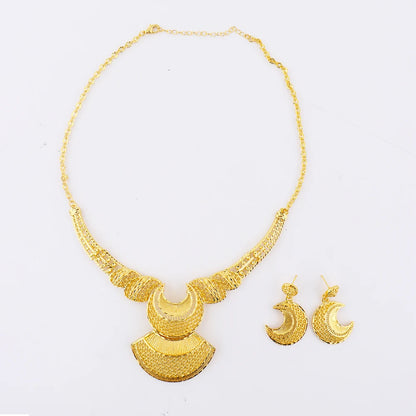 Elegant Gold-Tone Necklace & Drop Earring Set for Women, Dubai Bridal Wedding Jewelry, African Luxury Party Gift Accessory
