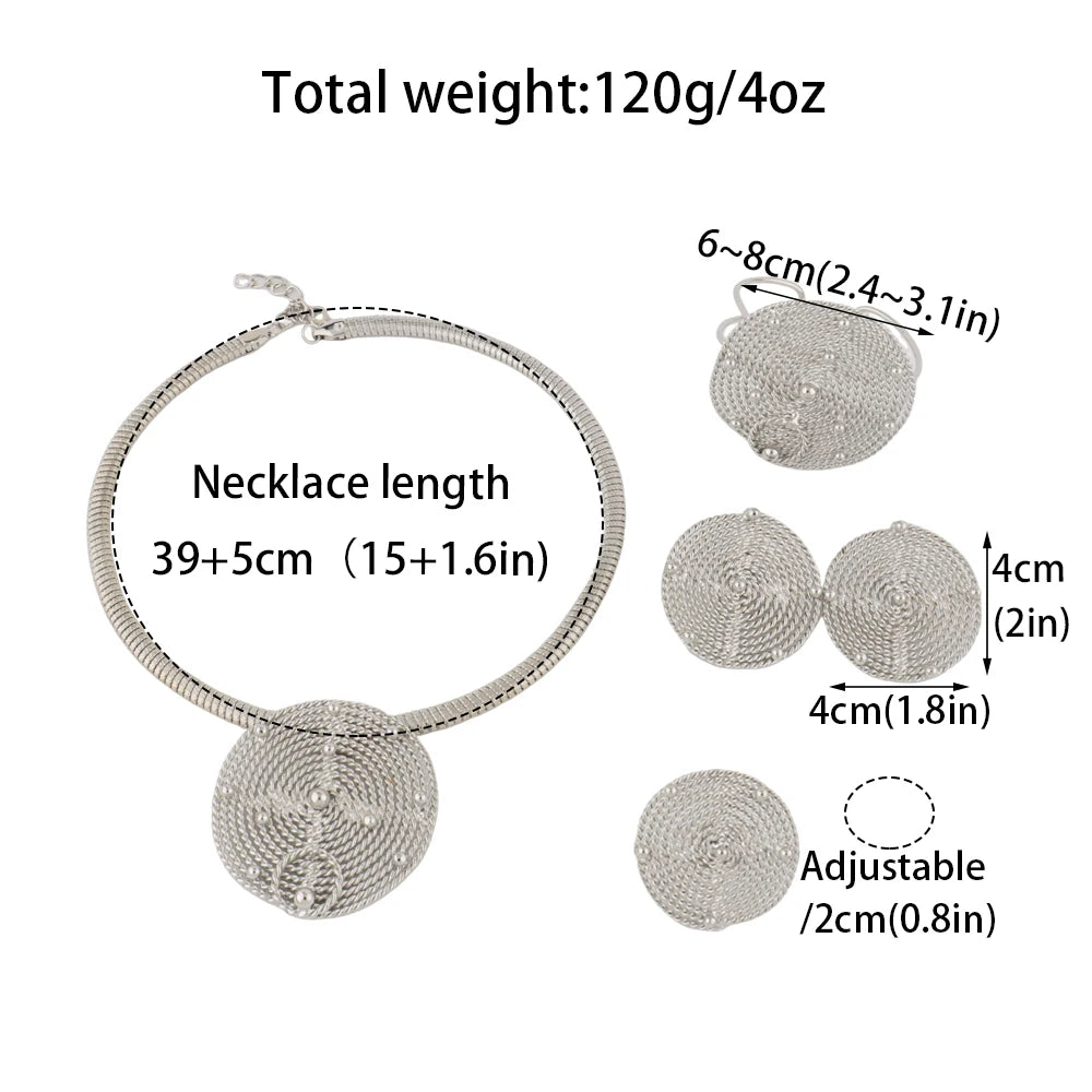 Large Round Earrings Collar Necklace Silver Color Bangle Ring Set for Women America Exaggerated Jewelry Set For Party Dressing