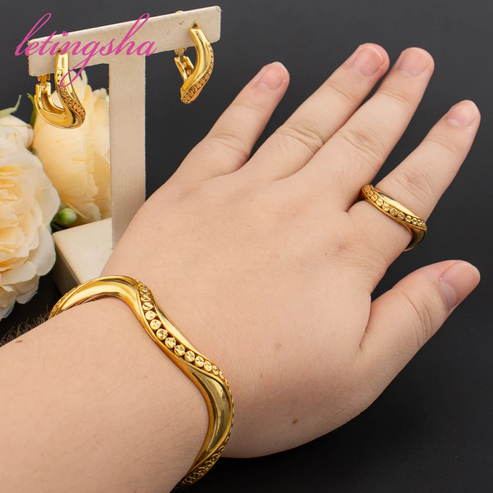 Fashion Cuff Bangle Newest Hoop Earrings Ring Sets for Women Dubai Luxury Jewelry Set Statement Trendy Gold Color Jewelry Gift