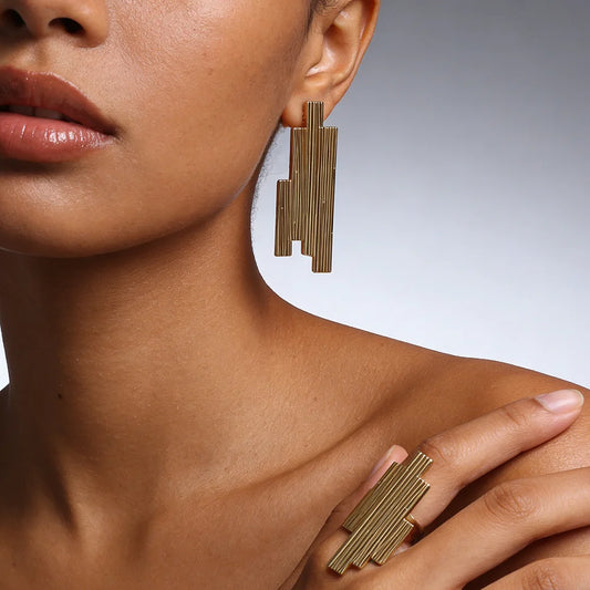 Gold Color earrings and ring jewelry set girls free shipping exquisite finger ring daily wear party anniversary jewelry set