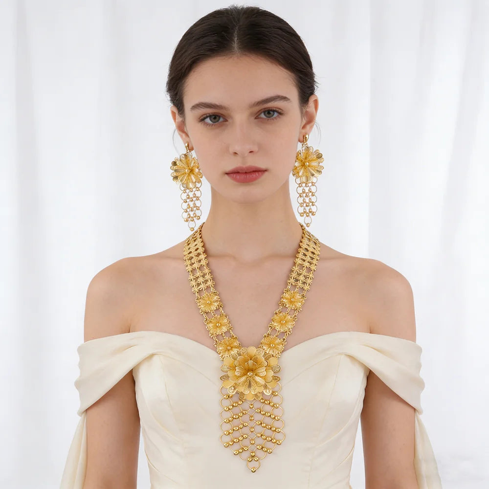 24K Gold Color Long Chain Necklace Earrings Set New Indian Nigerian Bridal Wedding Ethiopian Luxury Party Jewelry Wholesale Gift