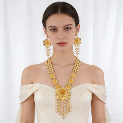 24K Gold Color Long Chain Necklace Earrings Set New Indian Nigerian Bridal Wedding Ethiopian Luxury Party Jewelry Wholesale Gift