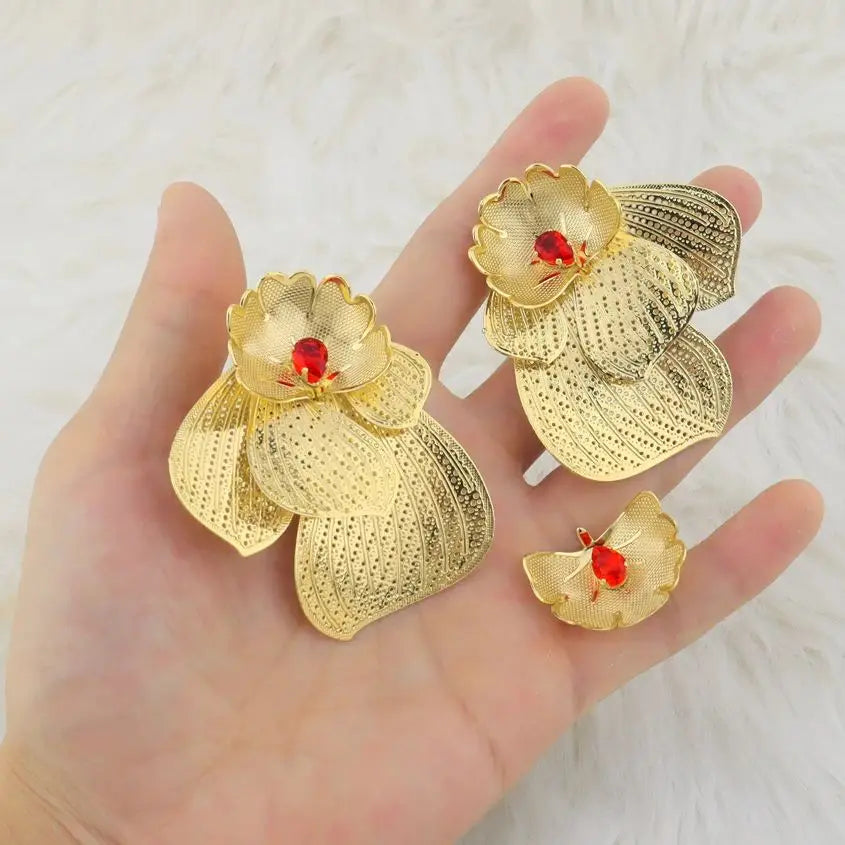 Dubai Hollow Earrings & Ring 2Pcs Set for Women, Trendy Party Wedding Valentine Gift, Elegant Earring Set Jewelry