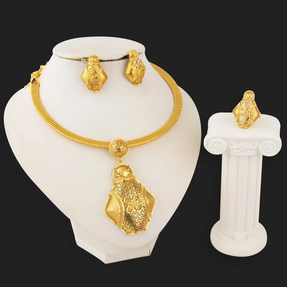 2025 Dubai -Plated Luxury 3Pcs Jewelry Set for Women – Elegant Necklace, Ring & Earrings, Bridal Gift for Nigeria Weddi