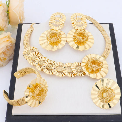 Dubai Gold Plated Big Flower Necklace Earrings Bracelet Ring Jewelry Set for Women Noble Shine Desgin Gift for Party Wedding