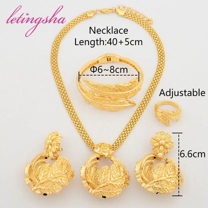 Gold Plated Ring Bracelet Set Nigeria Earrings Dubai Jewelry Set Women Necklace Pendant Africa Luxury Jewelry Wedding Party Gift