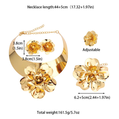 gold jewelry sets Flower Shape Women Luxury Gold Color Bangle Ring necklace and earrings set For Wedding Accessories Party
