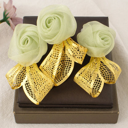 Woman Luxuury Earrings Ring Set Green Rose Shape Jewelry Set Trend Earrings Plated Ring Apply to Party Wedding Banquet