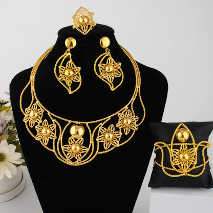 Exaggerated Gold Color Hollow Flower Shape Necklace Earrings Ring Bracelet Set for Women Gold Plated Jewelry Gift for Party