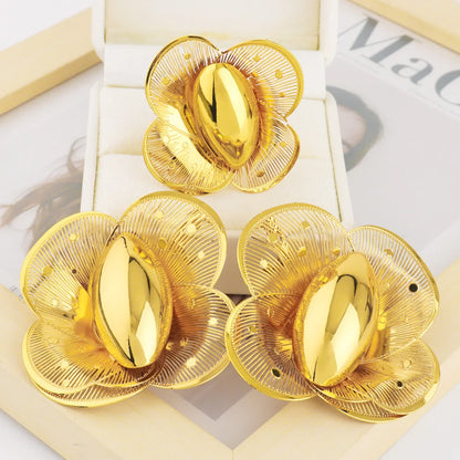 2025 New Trend Gold Color Ring and Earrings For Women Europe and America Exaggerated Hollow Out Jewelry Set For Party Wedding