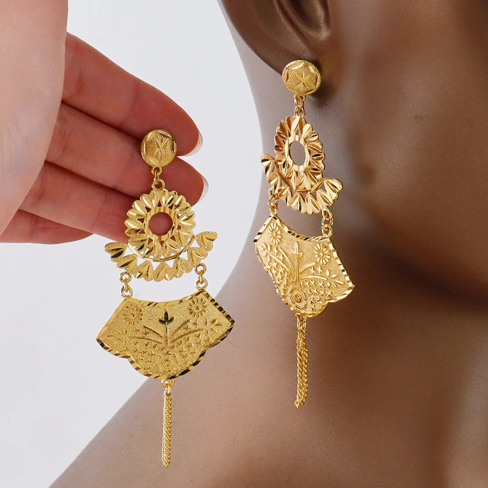 18k gold-plated large earrings Dubai luxury earrings for women with tassel hollow pendant banquet wedding Indian trendy jewelry