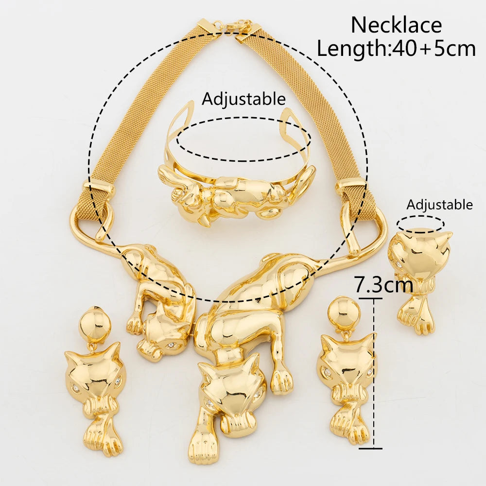 Fashion Women Jewelry Set Luxury Leopard Necklace Animal Pendant Charm Bracelet Gold Color Drop Earrings Party Anniversary Gift