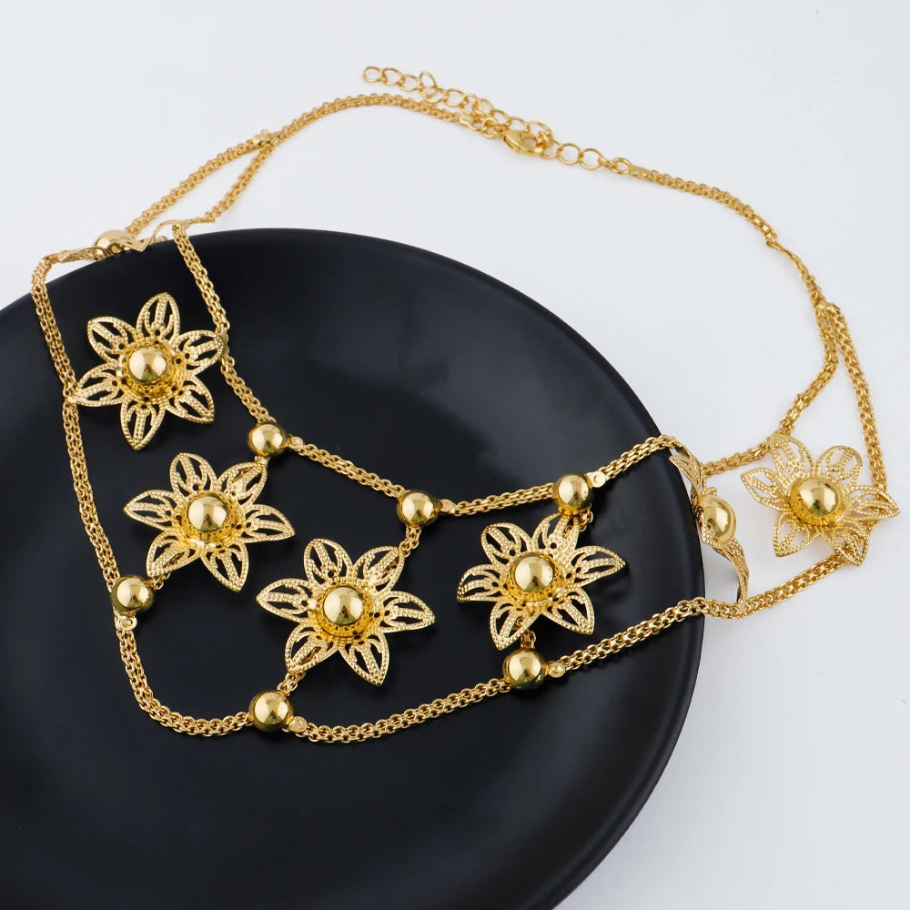 eastern luxury flower earrings necklace bracelet ring jewelery fashion golden women 24K Gold-Plated jewelery