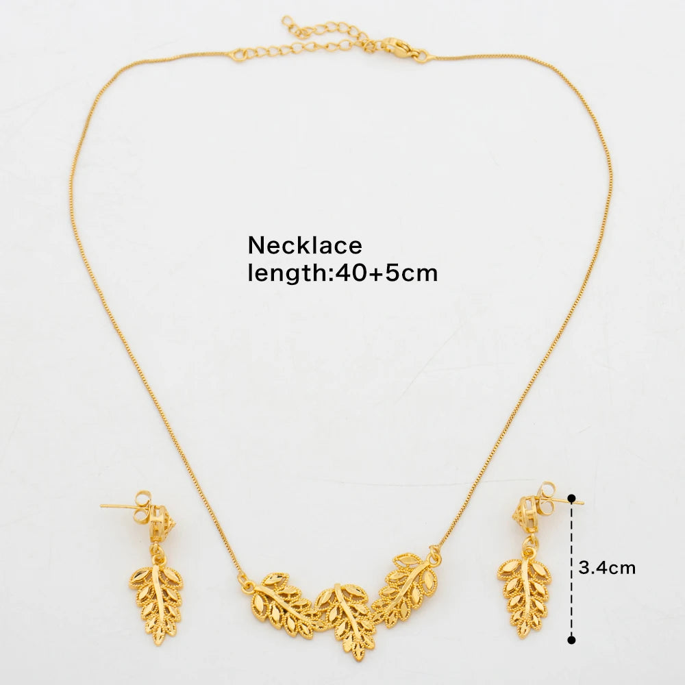 Simple Fashion Lady Earrings Necklace 18K Gold Plated Jewelry Set Elegant Chain Leave Pendant Stud Girlfriend Wife Jewelry Gift