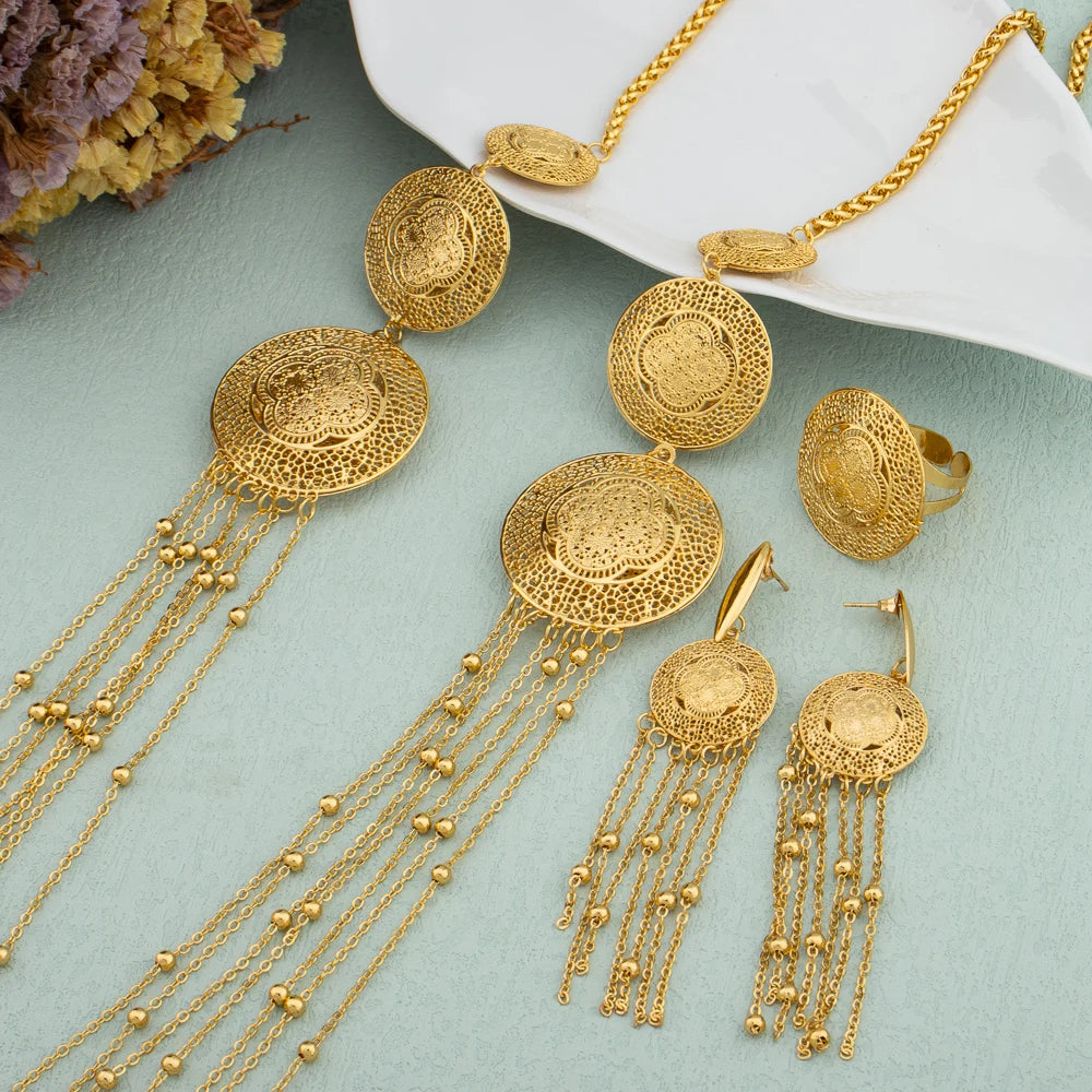 18K Gold Plated Long Bead Chain Jewelry Set for Women Bride Dubai African Tassel Earrings Necklace Ring Flower Design Jewelry