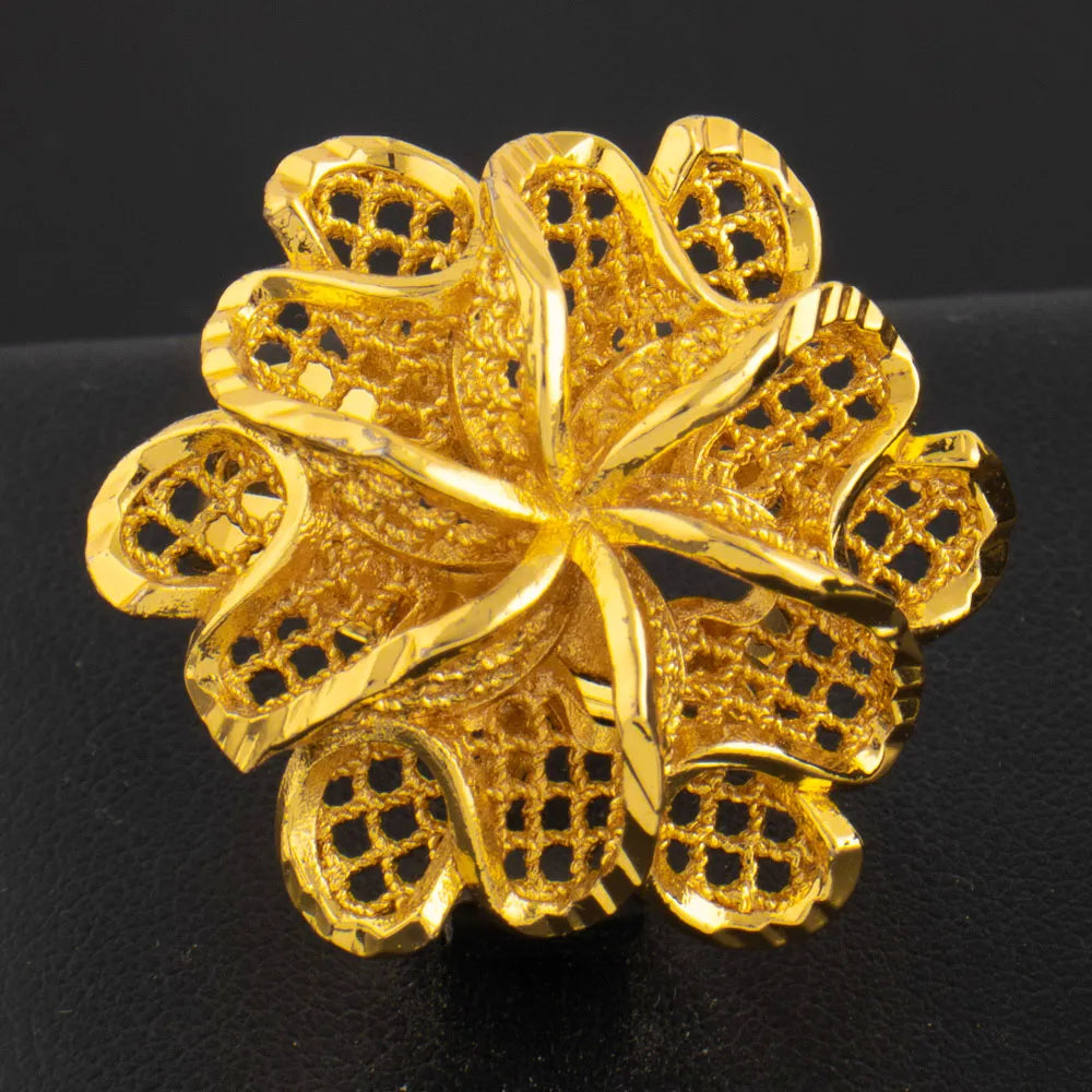 Ethiopia Dubai Flower Gold Color Arab Rings Resizable For Women 18K Gold Plated Wedding Jewelry African Party Gift