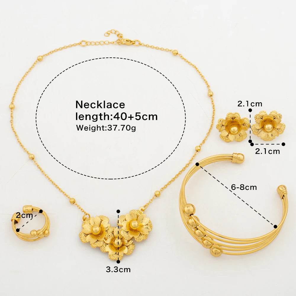 Fashion Jewelry Set For Women Hollow Flower Stud Earrings Temperament Necklace Cuff Bangles Ring Holiday Party Gift Accessories