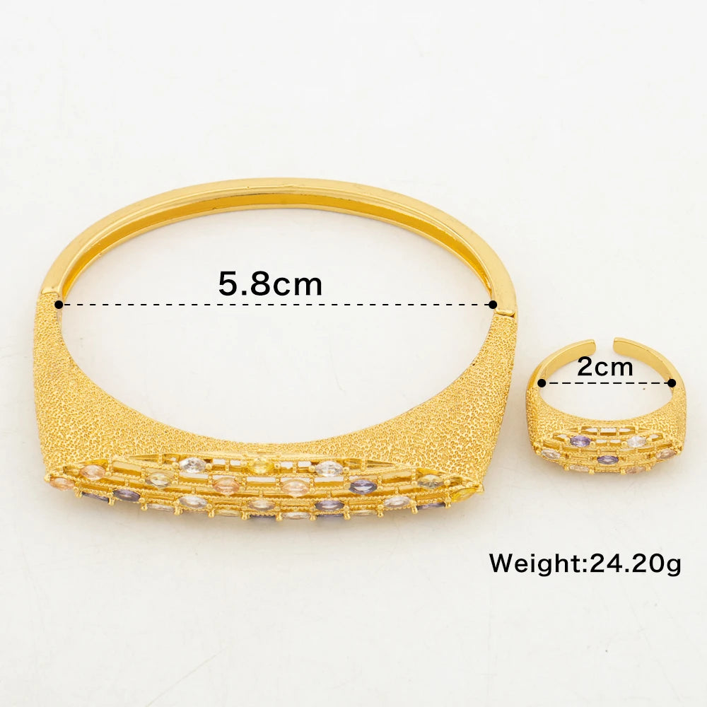 Gold Color Bangle with Ring Jewelry Set African Bride Shine Crystal Design Charm Bangle and Finger Ring 2Pcs Set for Weddings