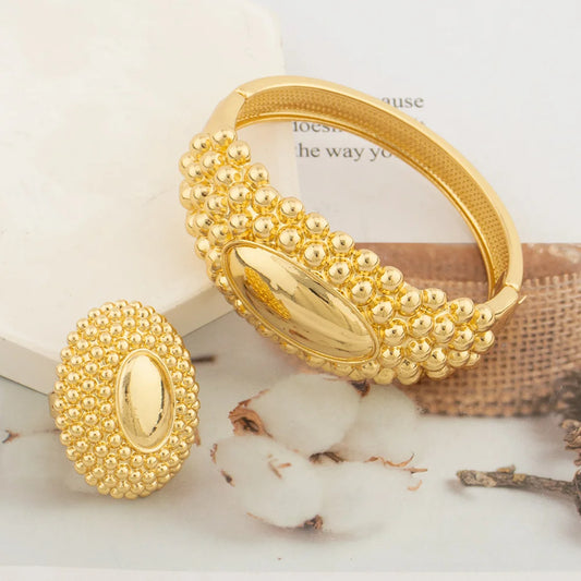 18K Gold Color Women's Bangles Dubai Bracelets Ethiopian Jewelry African Bride Wedding Bangle Ring Set New Design Jewelry Gift