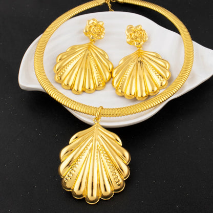 18K Gold Mid-East Shell Earrings & Necklace Set for Women, Summer Wedding Jewelry Gift, Fashion Jewelry Women Set Wholesale