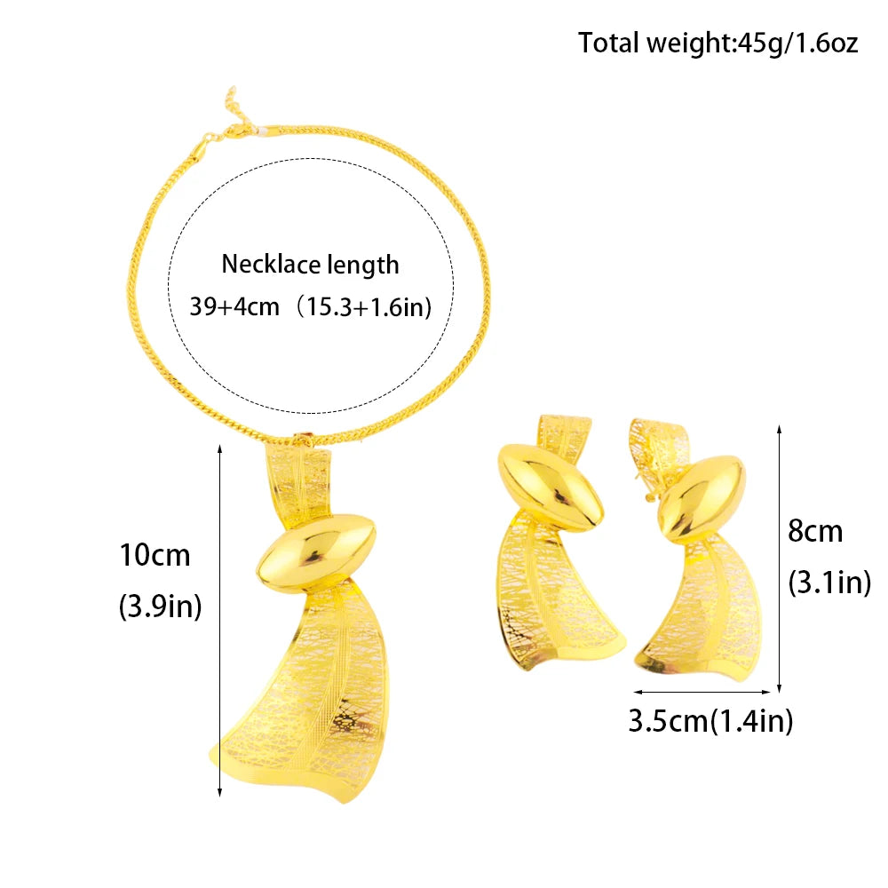18K Gold Tone Water-Drop Ribbon Necklace & Earrings Set, Dubai Arab Luxury Waterproof Jewelry for Women, Party Wedding Jewellery
