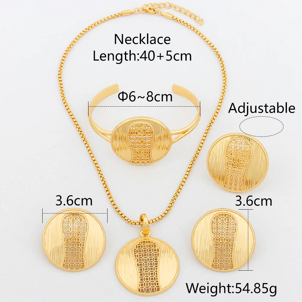 YM Golden Color Jewelry Sets Women Necklace Clips Earrings Ring Bracelet Hollow Out Round Pendant Dubai Bridal Wedding Jewelry - YUEMING JEWELRY