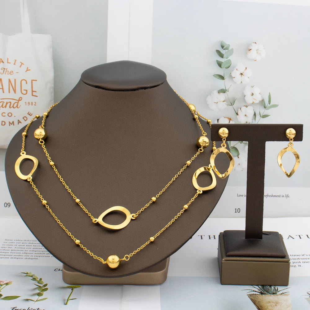 Dubai Bead Chain & Rose Flower Pendant Set, Long Necklace Earring Set for Bride Luxury Jewelry Sets Women Gift