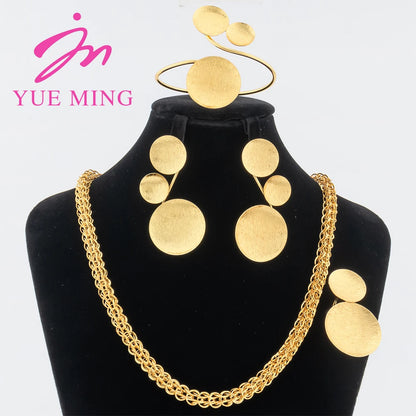 YM Gold Plated Dubai Jewelry Sets for Women African Party Wedding Gift Round Earrings 60cm Necklace Cuff Bangles Adjustable Ring - YUEMING JEWELRY