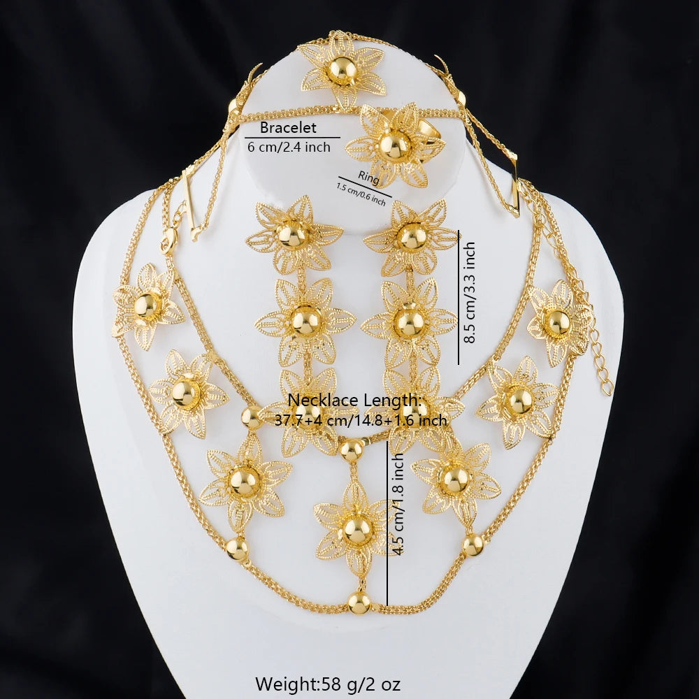 eastern luxury flower earrings necklace bracelet ring jewelery fashion golden women 24K Gold-Plated jewelery